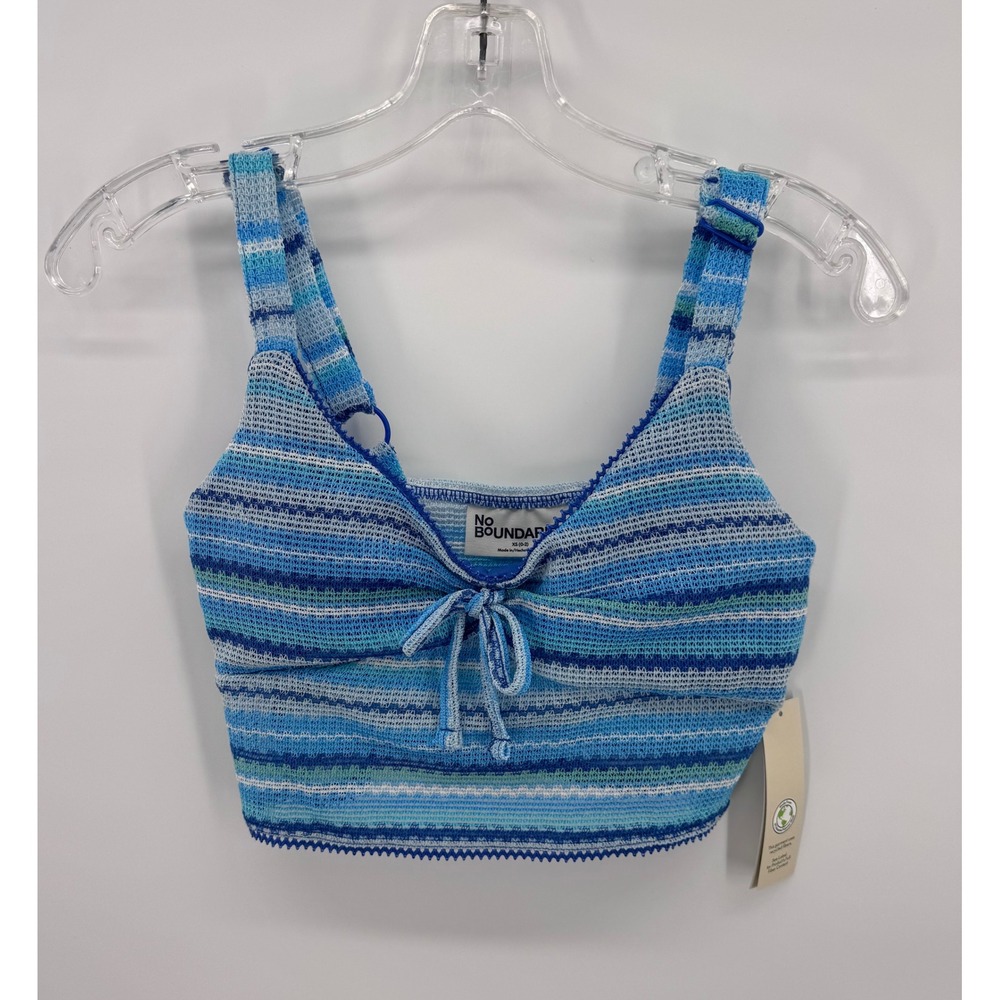 No Boundaries Striped Knit Crop Top Blue Tie Front Boho Festival Sz XS New